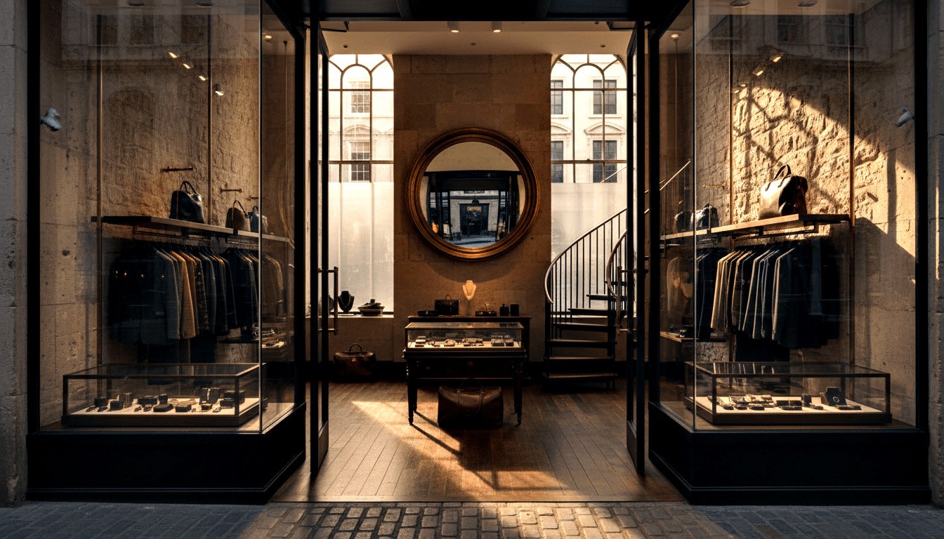 View through glass storefront into a boutique with clothing racks, glass cases, leather goods, gilt mirror, and wrought-iron staircase.
