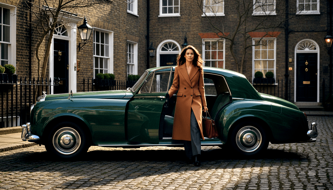 Woman in camel coat and grey wide-leg trousers stands by open door of forest-green vintage car on cobblestones.