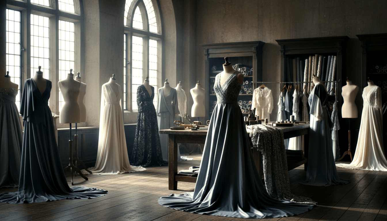 CGI atelier: high ceilings, tall windows, 8–10 dress forms with floor-length gowns in blue-grey, ivory, charcoal lace.