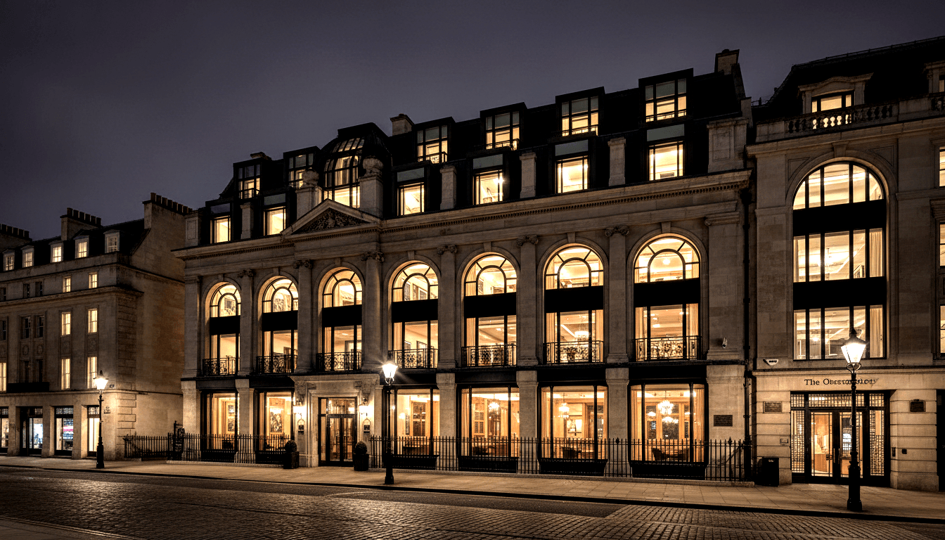 Multi-story neoclassical stone building at night with glowing amber arched windows, mansard roof, and a sign reading 'The Observatory'.