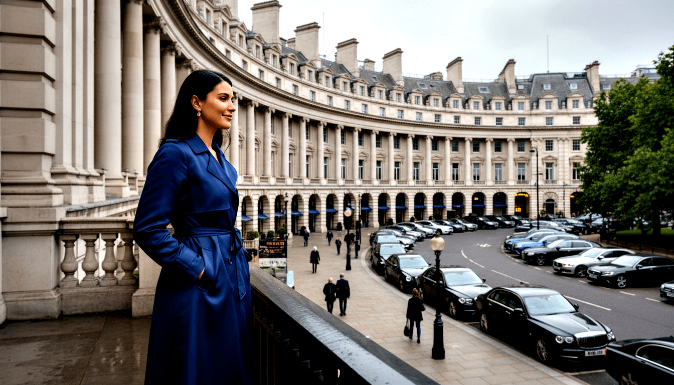 Young woman in navy coat stands on stone balustrade gazing right, before a sweeping neoclassical cream limestone colonnade.