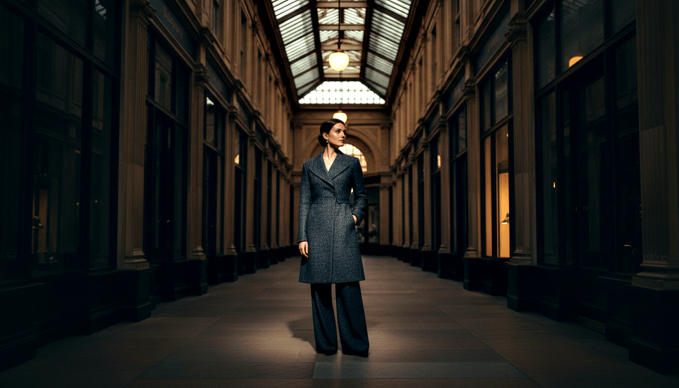 Woman in grey tweed coat and wide-leg dark trousers stands in a covered arcade with barrel-vaulted glass ceiling and ornate columns.