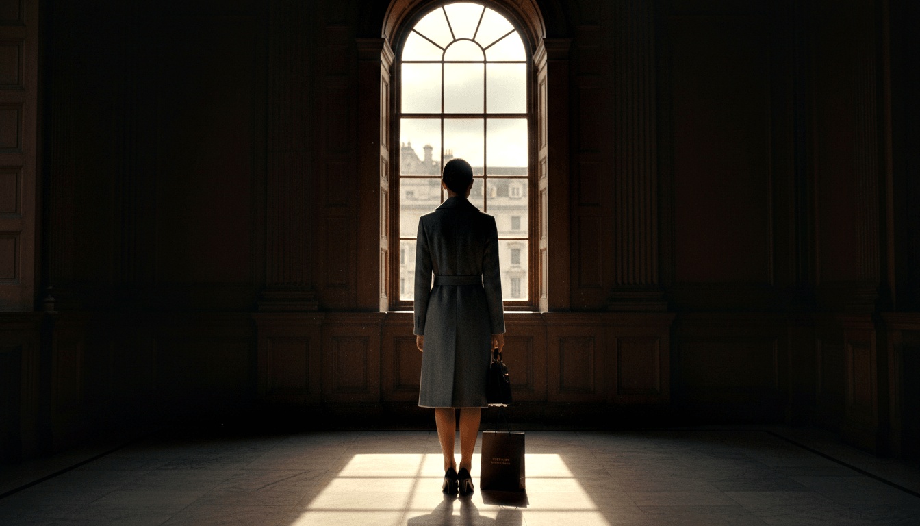Woman from behind in belted grey coat and black heels, holding dark handbag, standing before tall arched multi-pane window in paneled hall.