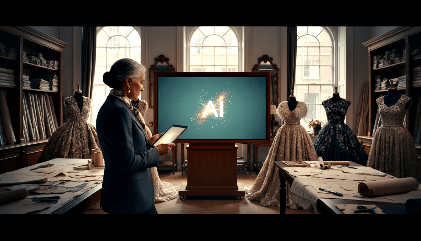 Silver-haired woman in navy blazer holds tablet in fashion studio with mannequins, fabric bolts, and a screen displaying glowing AI text.