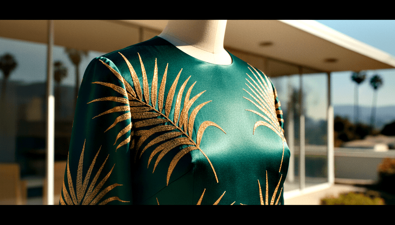 Headless dressmaker's mannequin wearing deep teal satin top with metallic gold palm frond motifs, outdoors with blurred palm trees and blue sky.