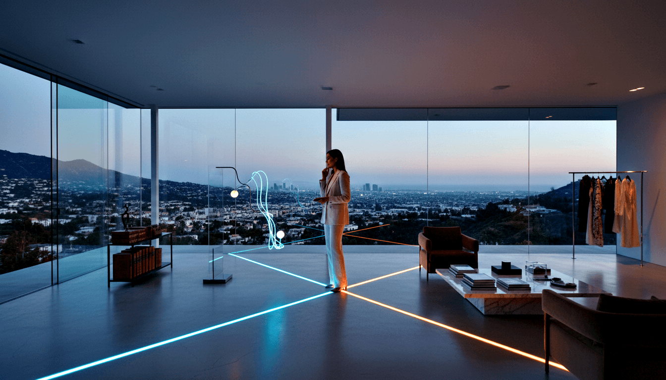 Woman in white pantsuit standing in modernist glass-walled interior at dusk, cityscape and mountains behind her, geometric light strips in floor.