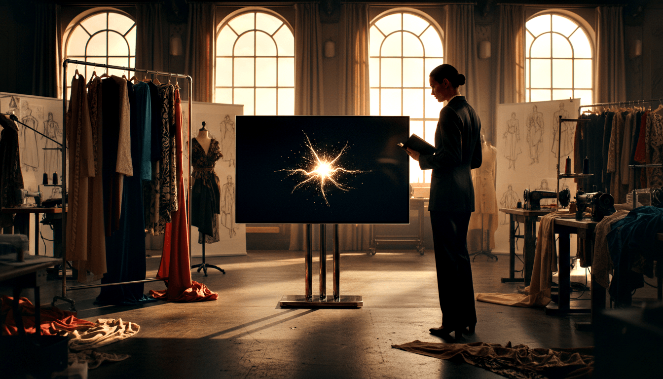 Person in dark blazer holds clipboard before flatscreen with starburst graphic; clothing racks with red and teal garments flank both sides.