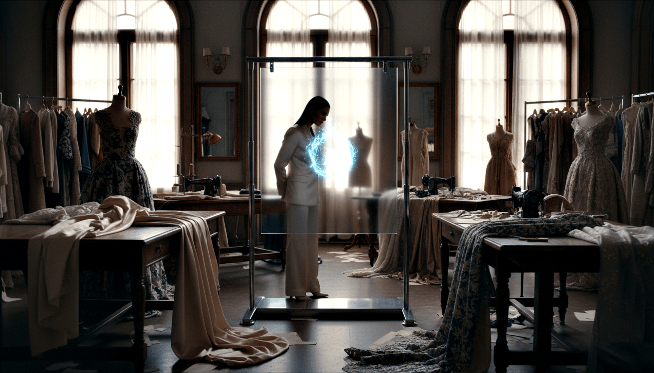Dark-haired woman in white blazer inside a large transparent glass panel, soft blue energy glowing from her torso in a warmly lit atelier.