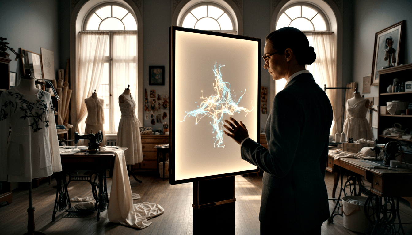 Dark-haired figure in charcoal suit extends hand toward a luminous cyan branching-energy panel in a CGI studio with arched windows.