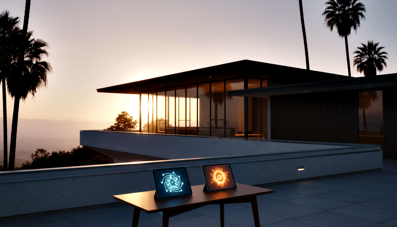CGI dusk terrace with glass walls; two tablets on dark wood table showing blue spiral and orange circular emblems.
