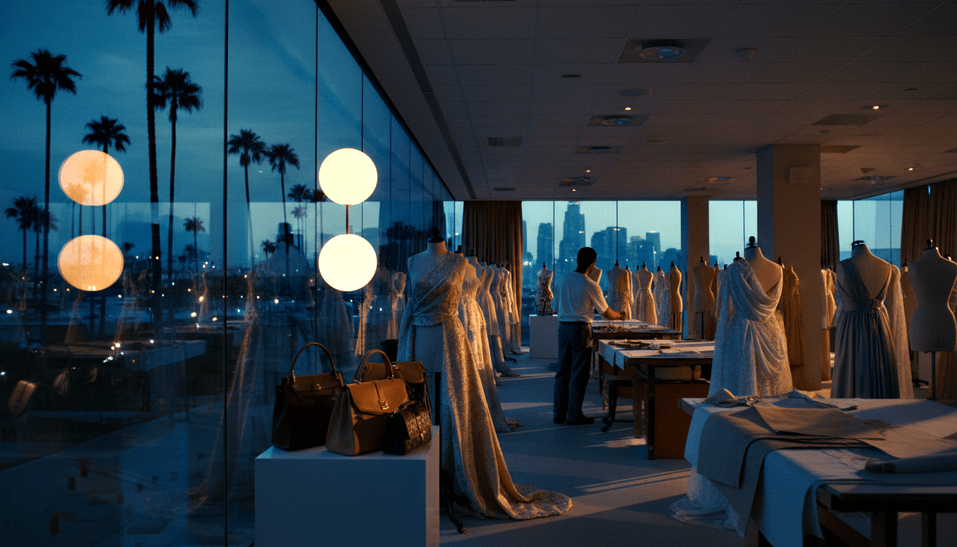 Night fashion studio: mannequins in ivory lace gowns, figure at worktable, floor-to-ceiling windows, palm tree skyline.