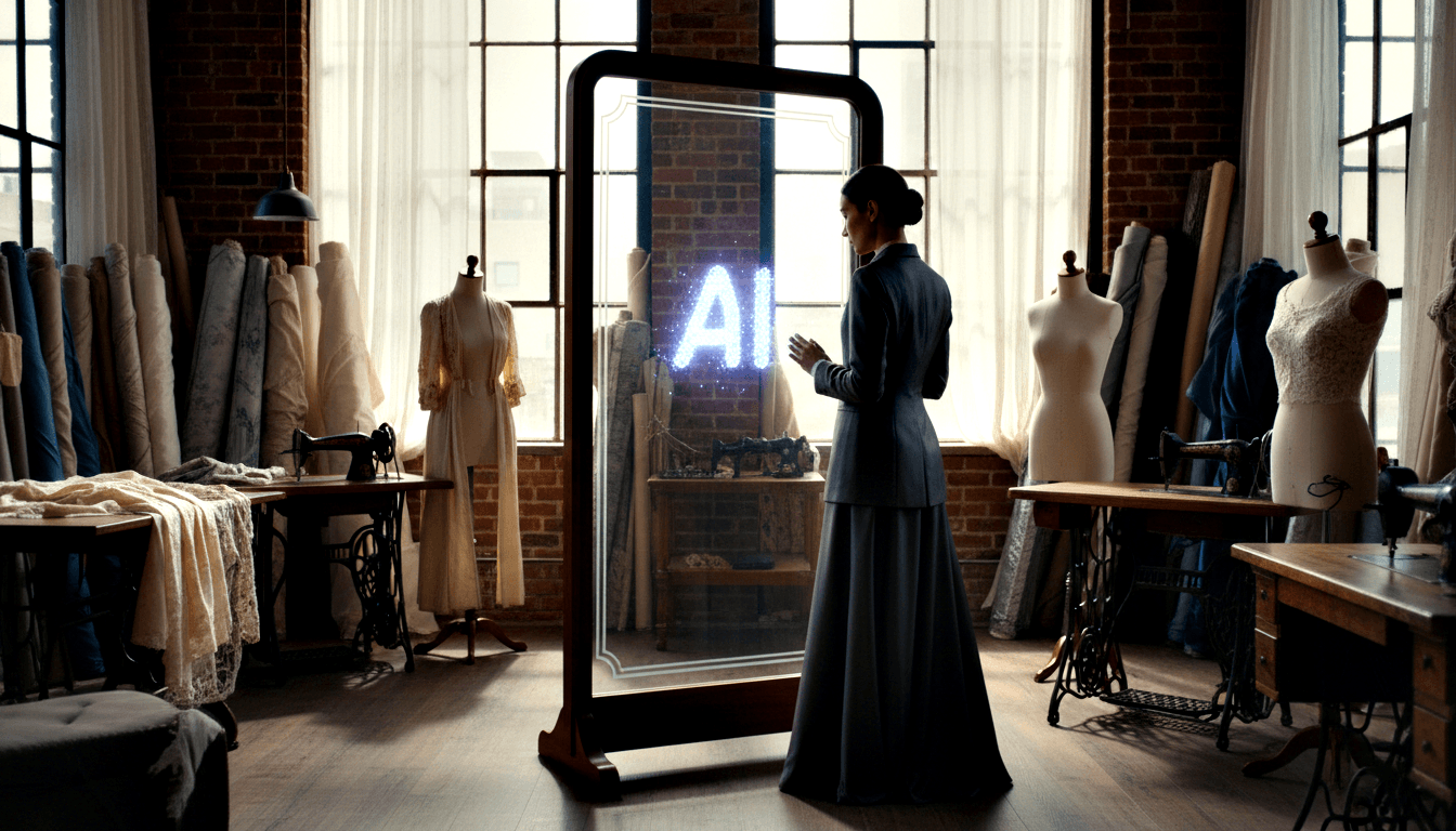 Dark-haired woman in gray skirt and jacket faces a large wooden-framed panel with glowing blue-white letters 'AI' in a warmly lit atelier.