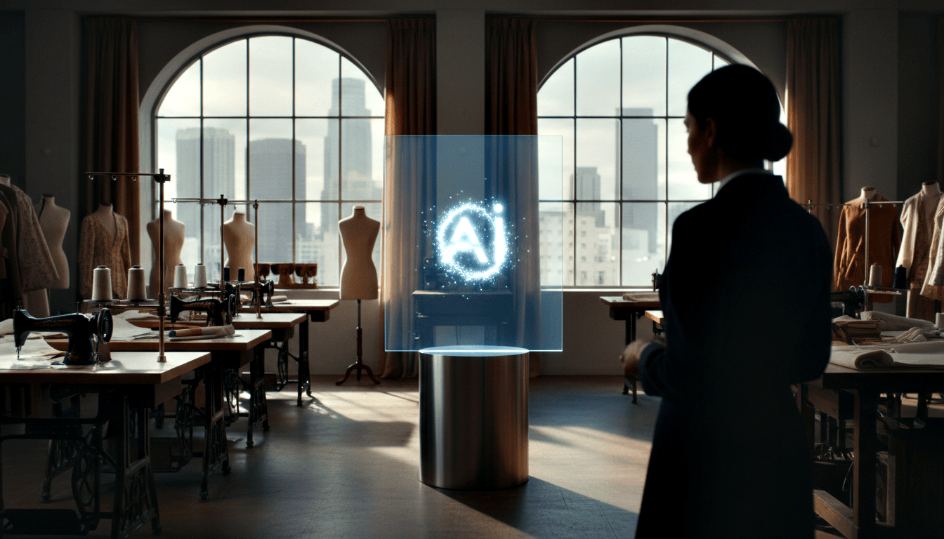 CGI fashion atelier with sewing machines and dress forms; silhouetted woman in blazer views a glowing holographic emblem on a metallic pedestal.