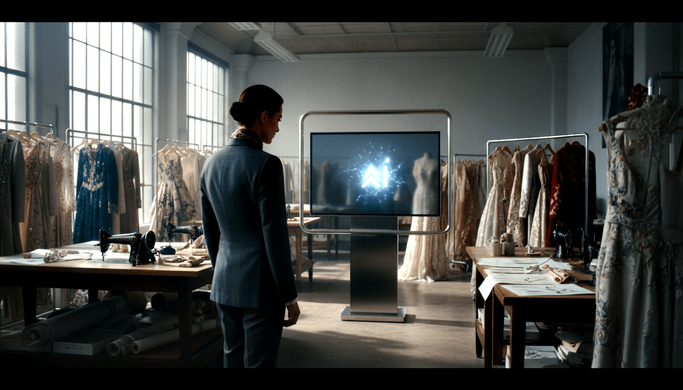 Woman in gray-blue suit faces a freestanding screen displaying a glowing AI emblem in an atelier with clothing racks and sewing machines.
