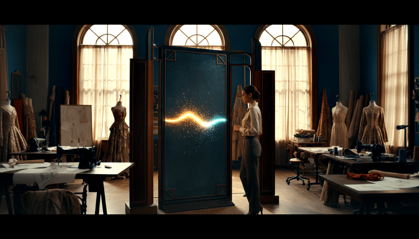 Woman in white blouse and grey trousers stands in profile before a large dark panel emitting golden and cyan light particles in a studio.