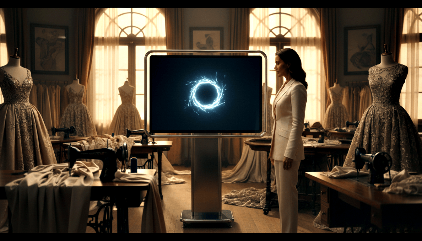 Woman in white blazer and trousers stands before a large silver-framed screen displaying a glowing blue circular energy ring.