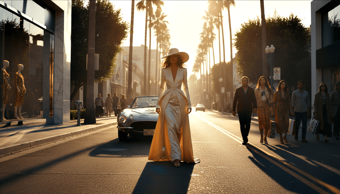 Tall woman in white structured gown and wide-brim cream hat walks palm-lined boulevard at golden hour with amber light on her train.