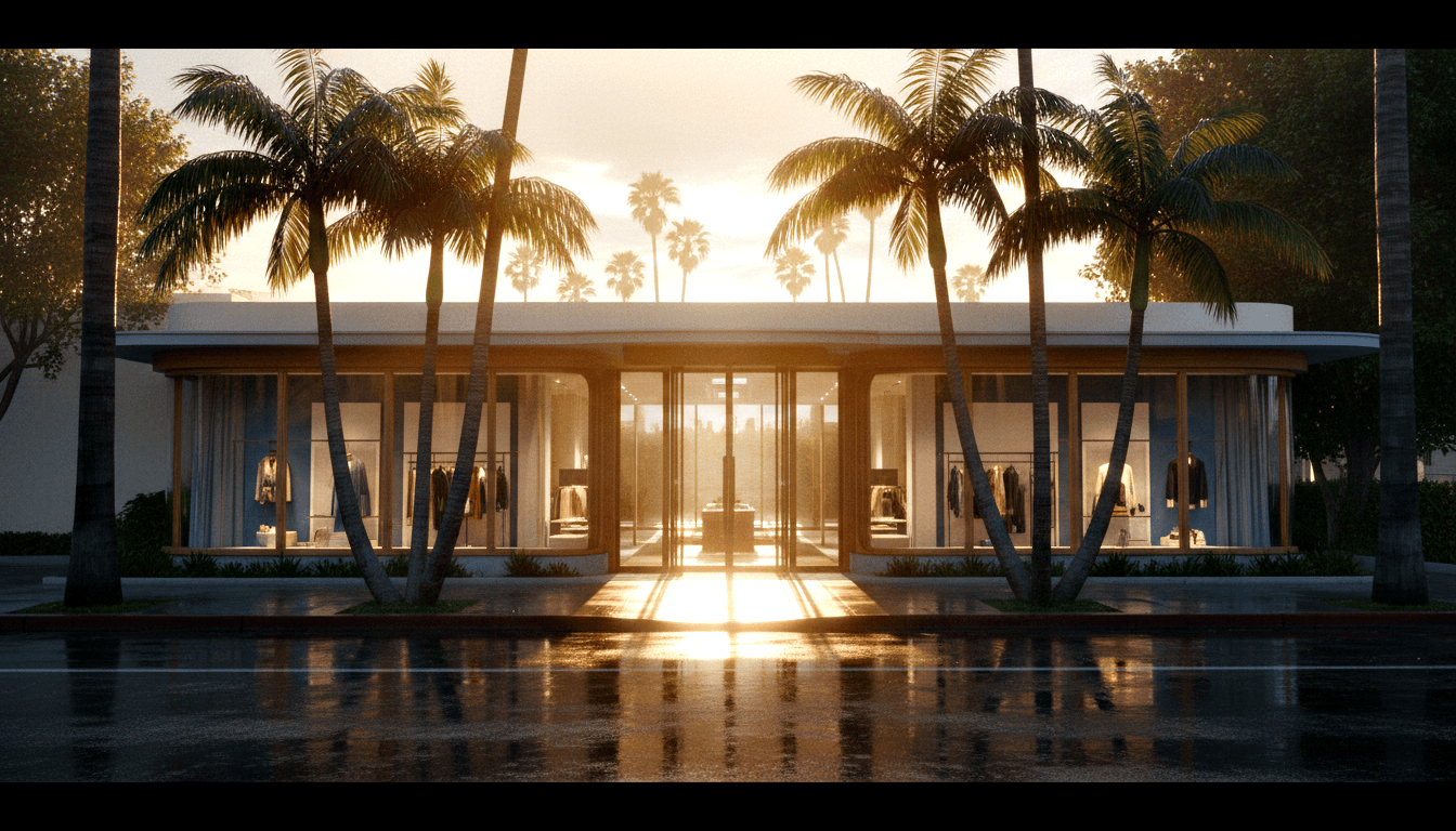CGI render of a low-rise modernist retail building with floor-to-ceiling glass facades, bronze-framed columns, and palm trees, at golden hour.