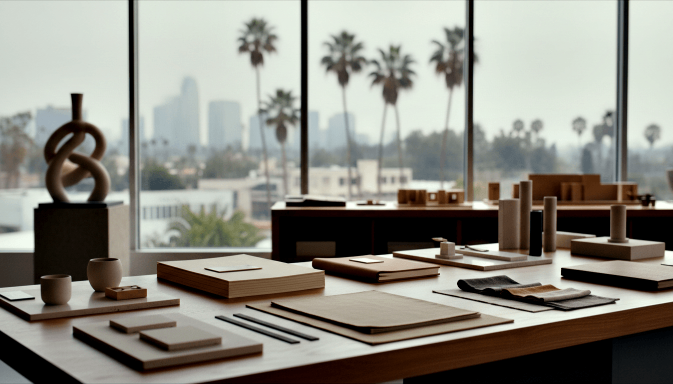 Wooden worktable with binders, fabric swatches, instruments; architectural models behind; palm trees and hazy skyline through tall windows.