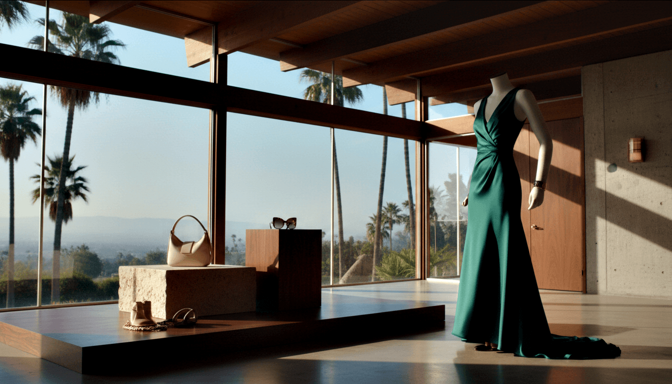 Headless mannequin in teal satin floor-length gown with cream handbag, cat-eye sunglasses, strappy heels in modernist interior.