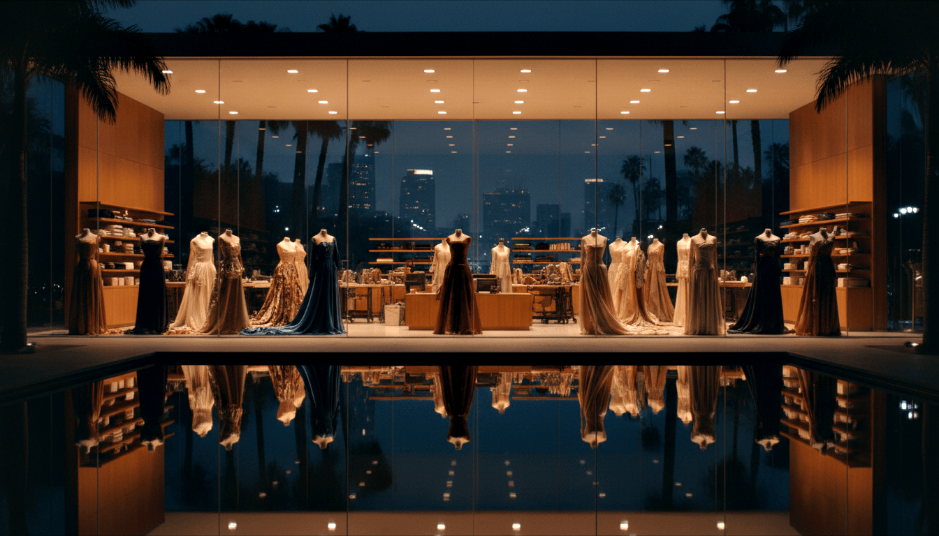 Mannequins in formal gowns—ivory, champagne, navy, wine red—lined up in a glass atelier at night with palm tree skyline behind.