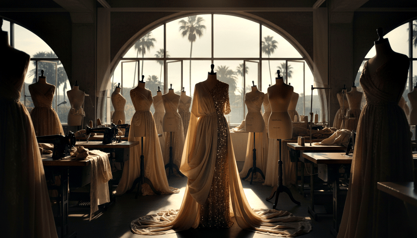Fashion atelier with mannequins facing arched window; central figure wears asymmetrical gold sequined and cream draped gown.
