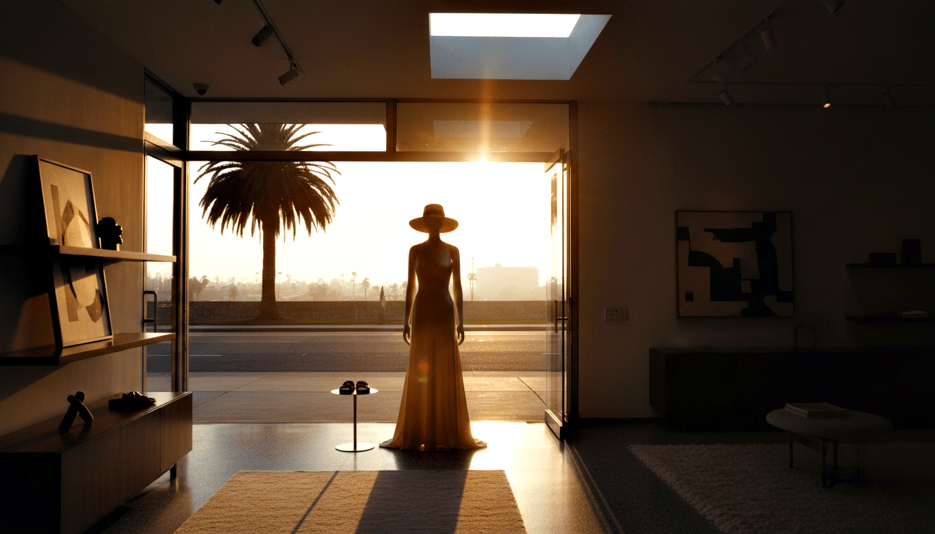 Mannequin on pedestal in cream dress and wide-brimmed hat, centered in glass facade with golden-hour backlight and lens flare.