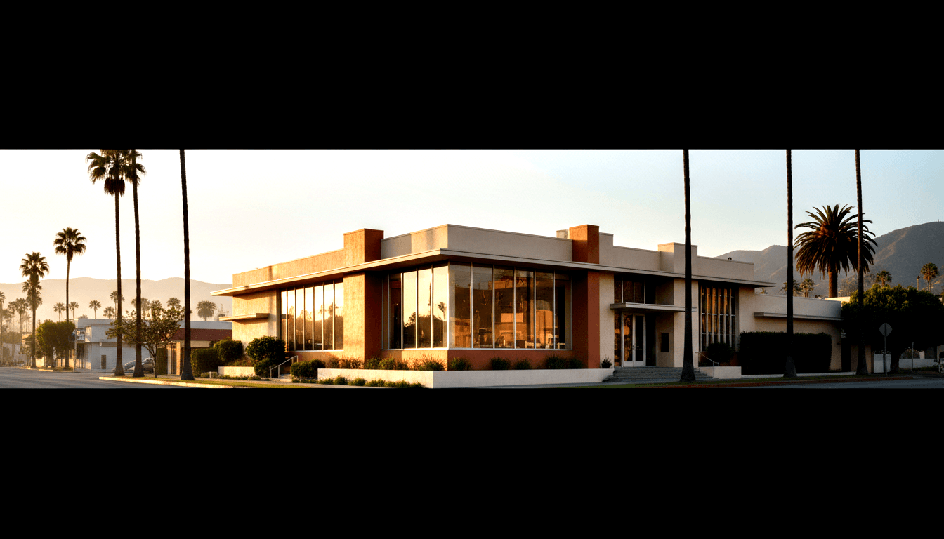 Mid-century modern building, flat roof, glass curtain wall, terracotta brick accents, palm trees, golden-hour light, mountains behind.