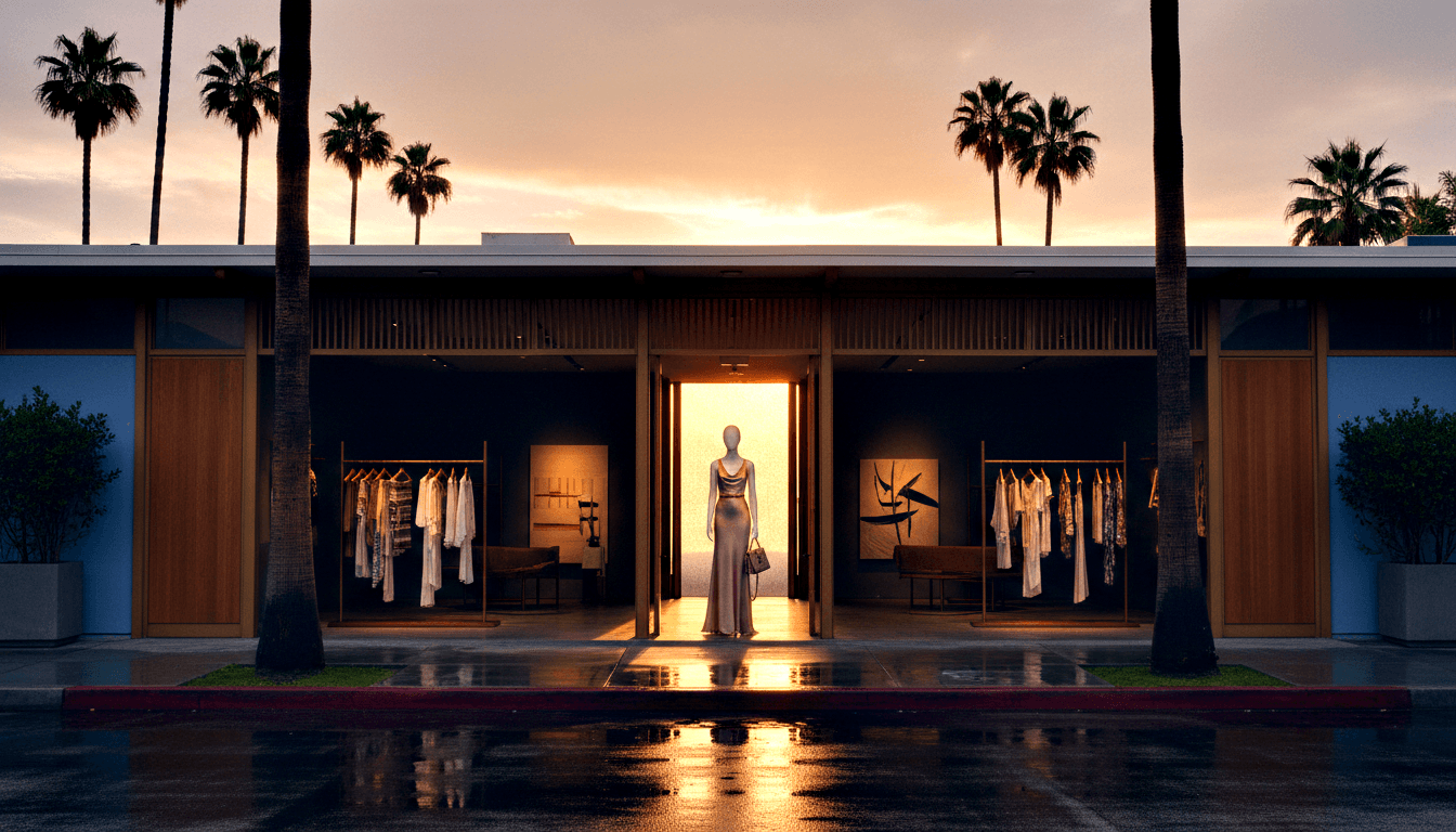 Headless mannequin in floor-length satin gown centered in glowing amber doorway of a navy retail boutique with palm trees.