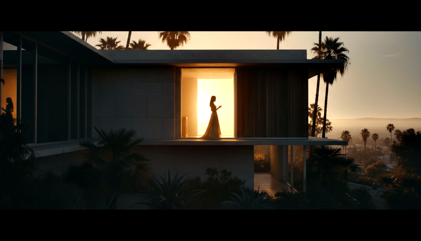 Woman in floor-length gown silhouetted in glowing upper-level doorway of concrete modernist building at dusk, palm trees and urban basin below.