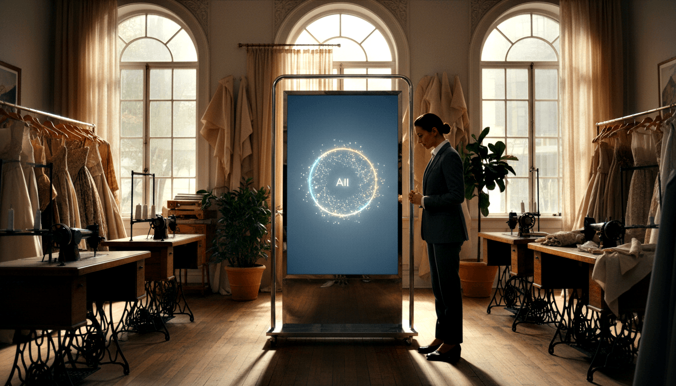 Woman in navy suit stands beside glowing blue-white circular digital display in room with arched windows and sewing machines.