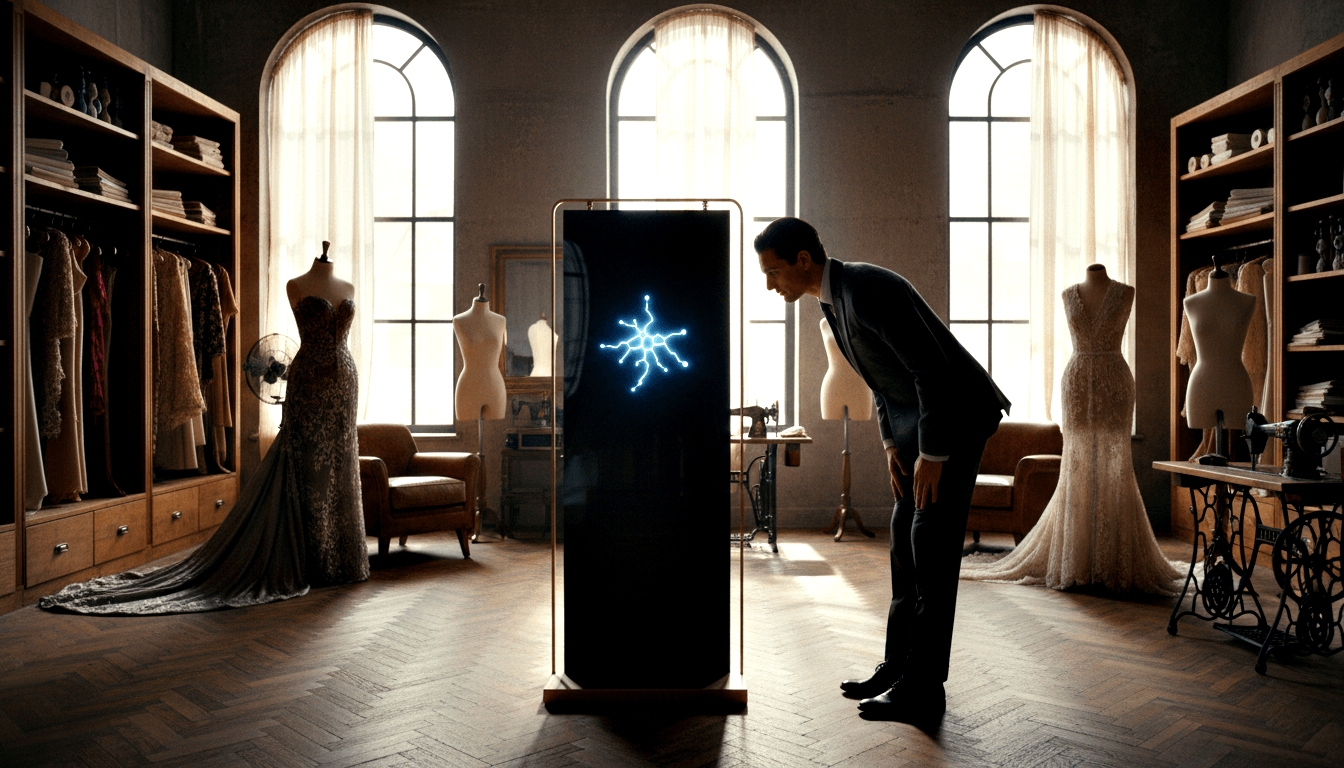 Man in dark suit examines glowing blue circuit panel with gold frame amid dress forms, sewing machines, and arched windows.