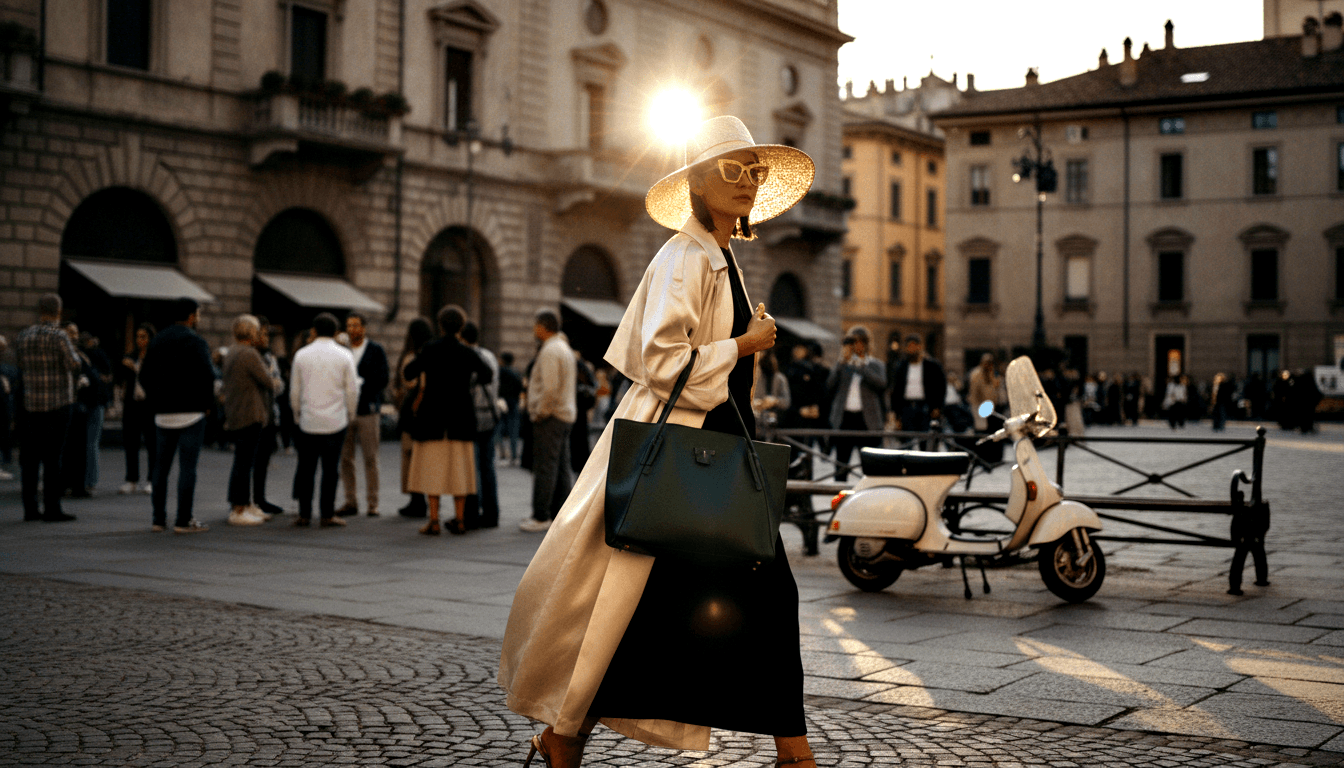 Woman in cream coat and hat carries dark green leather tote across cobblestone square, golden-hour sunlight creating lens flare through hat brim.