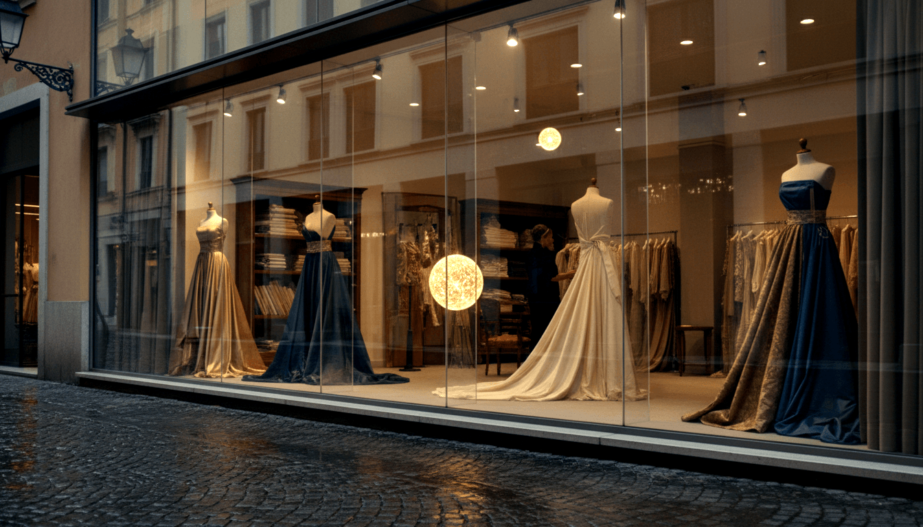 Fashion boutique at night; mannequins in navy, champagne, ivory gowns in glass windows; wet cobblestones reflect amber light.