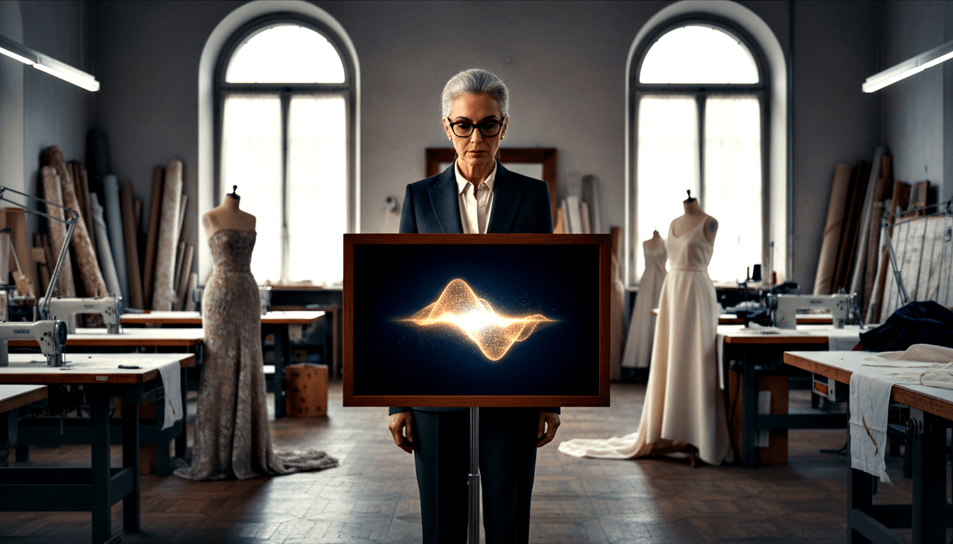 Silver-haired woman in navy blazer examines a glowing golden waveform display in a fashion studio with mannequins and sewing machines.