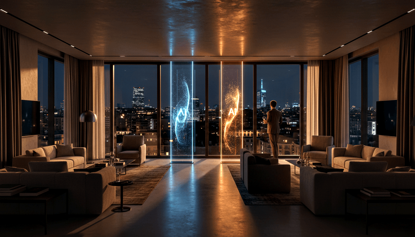 CGI penthouse at night: cyan and amber luminescent columns flank city-view windows; man in dark blazer stands by right column.