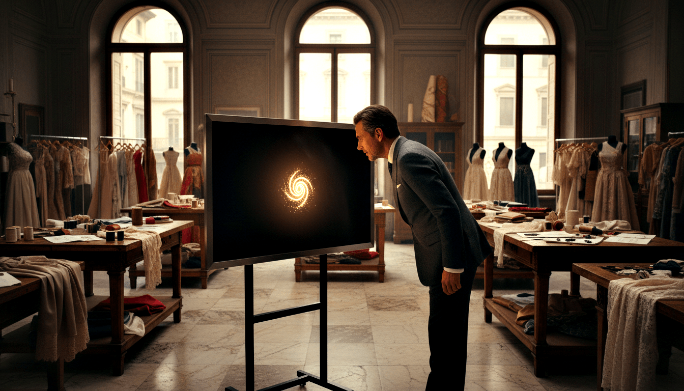 Man in charcoal suit peers at display showing golden spiral vortex in a high-ceilinged atelier with mannequins.