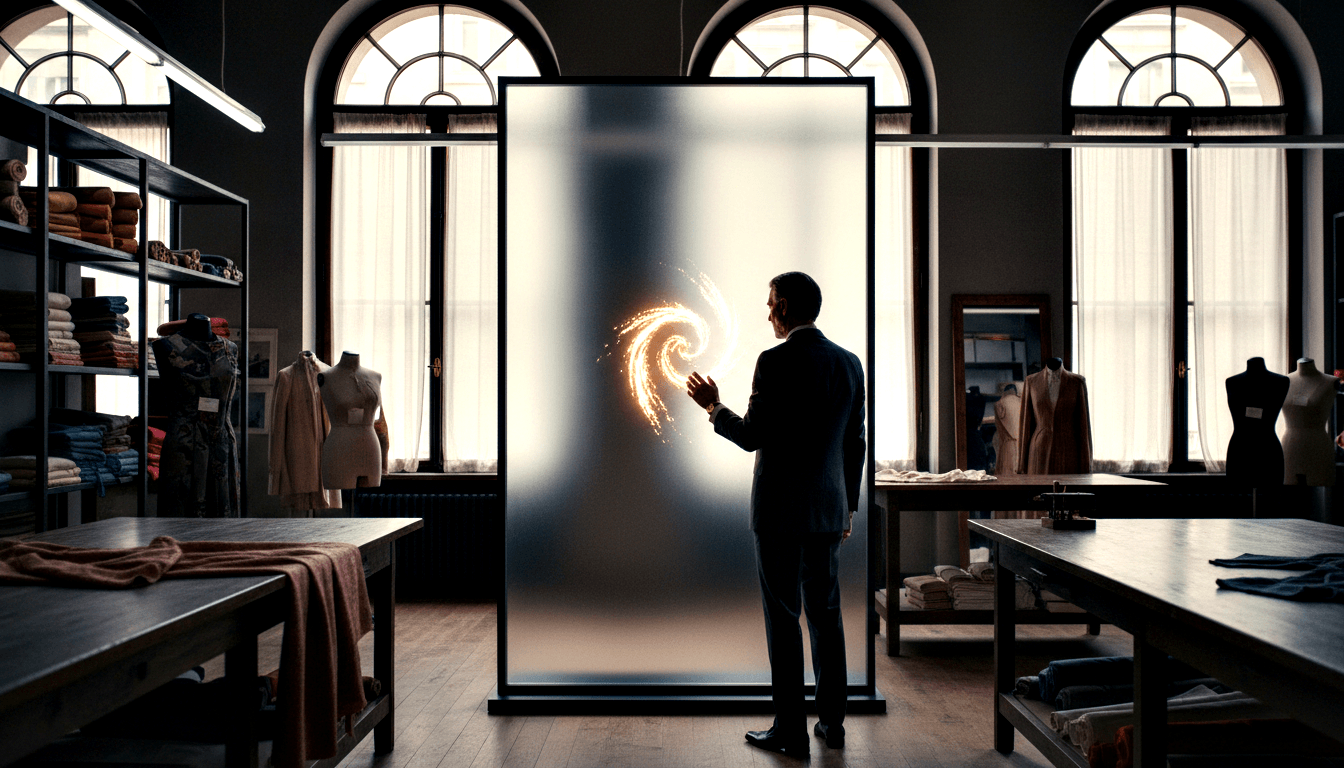 Man in dark navy suit seen from behind, arm raised toward a large frosted luminous panel, with golden-orange spiral energy flowing from his hand.