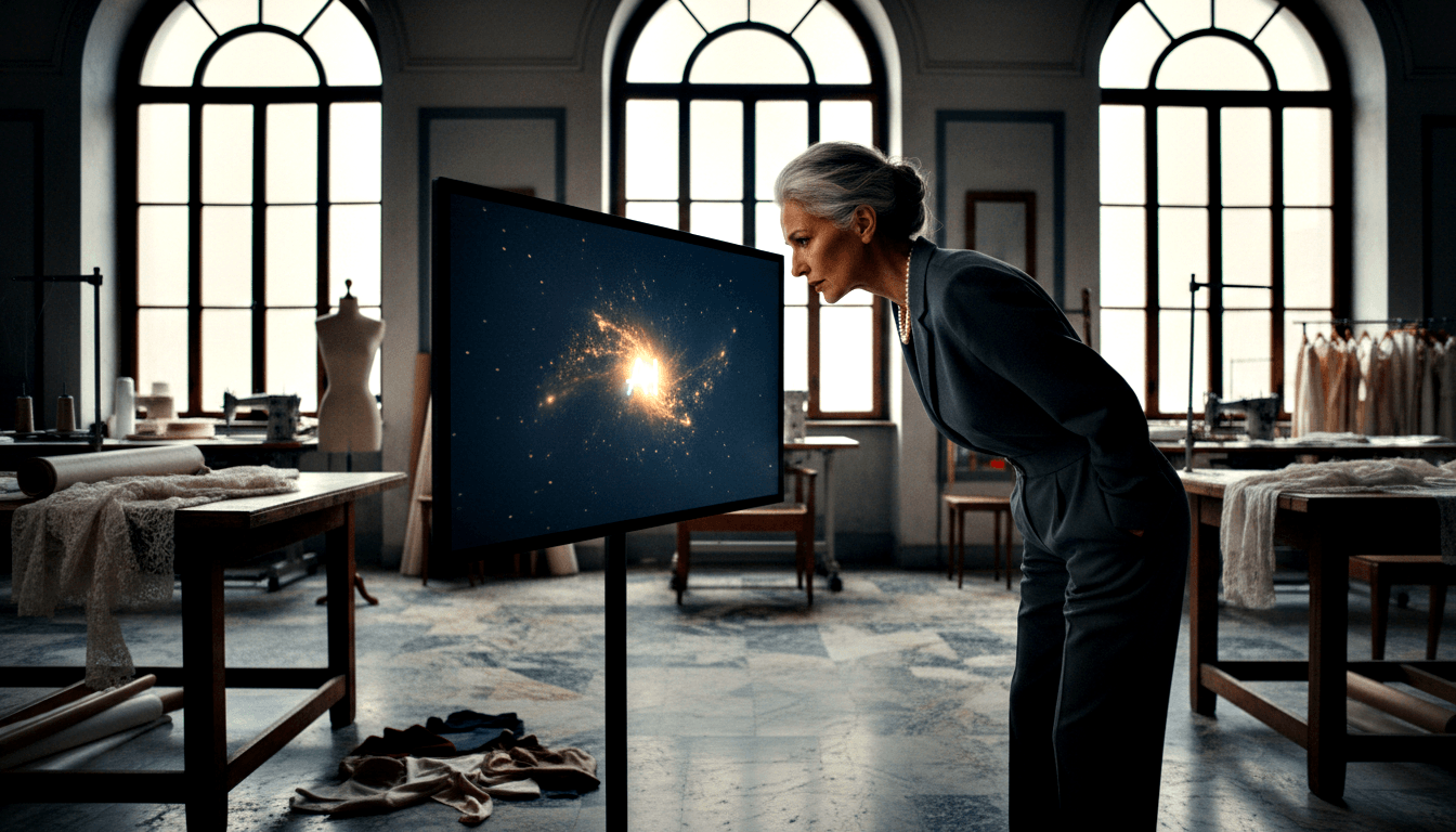 Woman in charcoal suit and pearl necklace bends to examine a screen displaying a golden-orange galaxy burst on black.