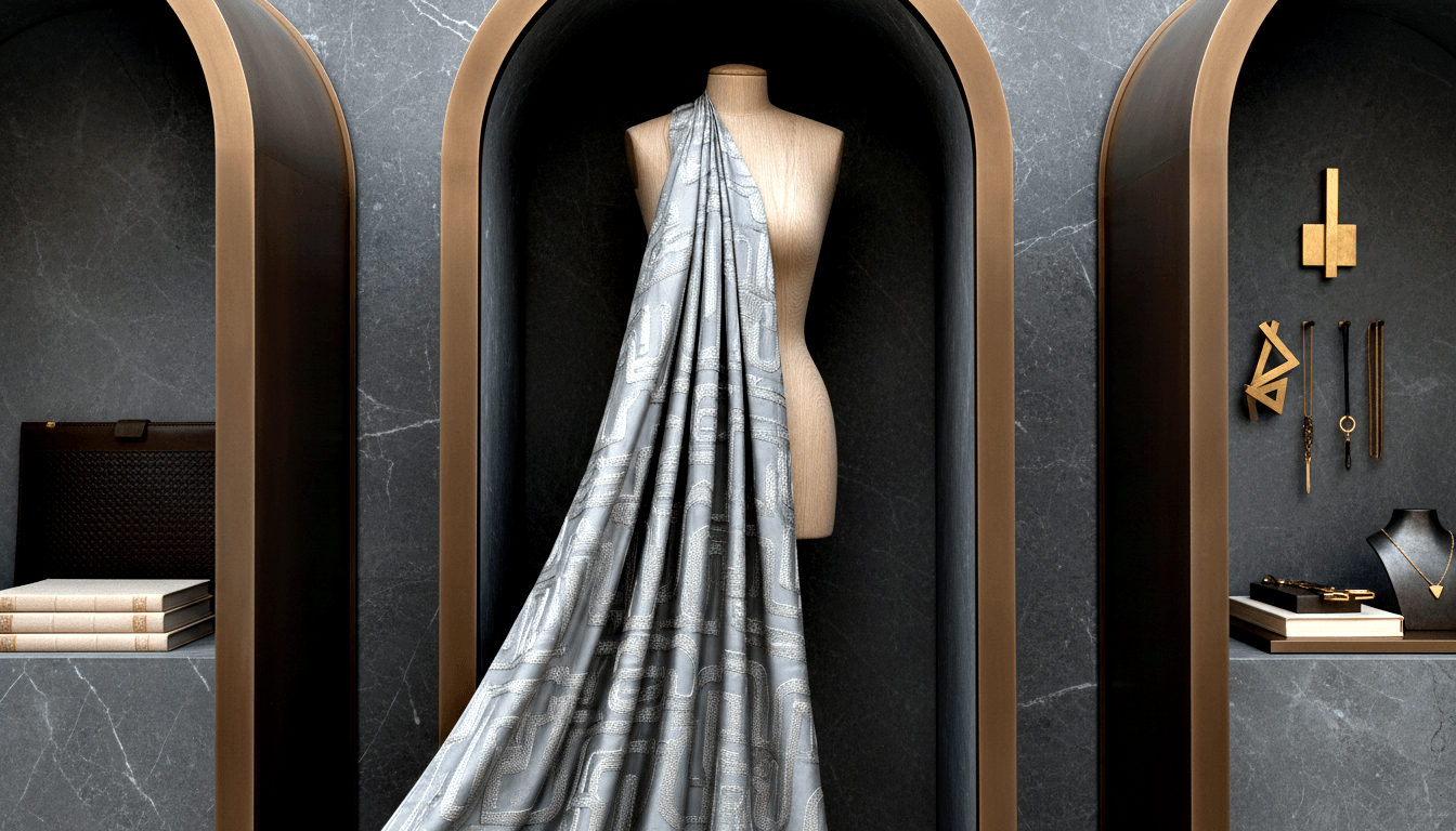 Wooden torso mannequin draped in powder-blue patterned fabric in a charcoal marble arched niche with brass trim and flanking alcoves.