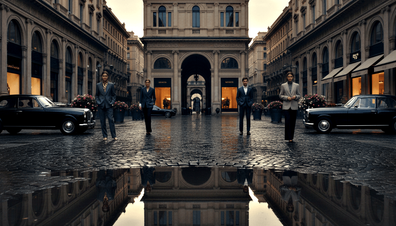 Four tailored figures walk in bilateral symmetry across wet cobblestones toward viewer, framed by a triumphal arch at vanishing point.