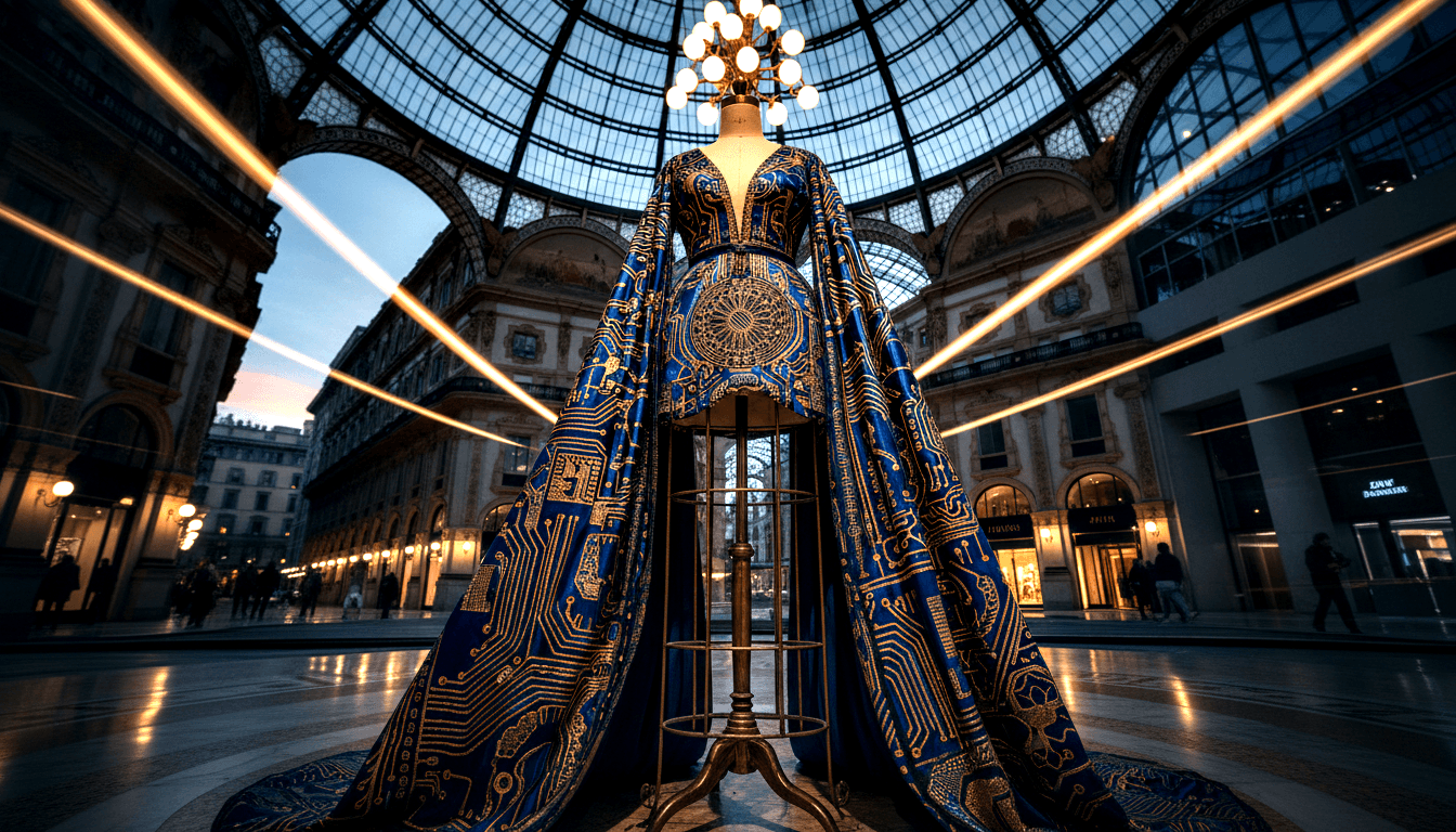 Royal blue and gold circuit board ball gown on brass dress form under ornate iron-and-glass domed arcade ceiling.