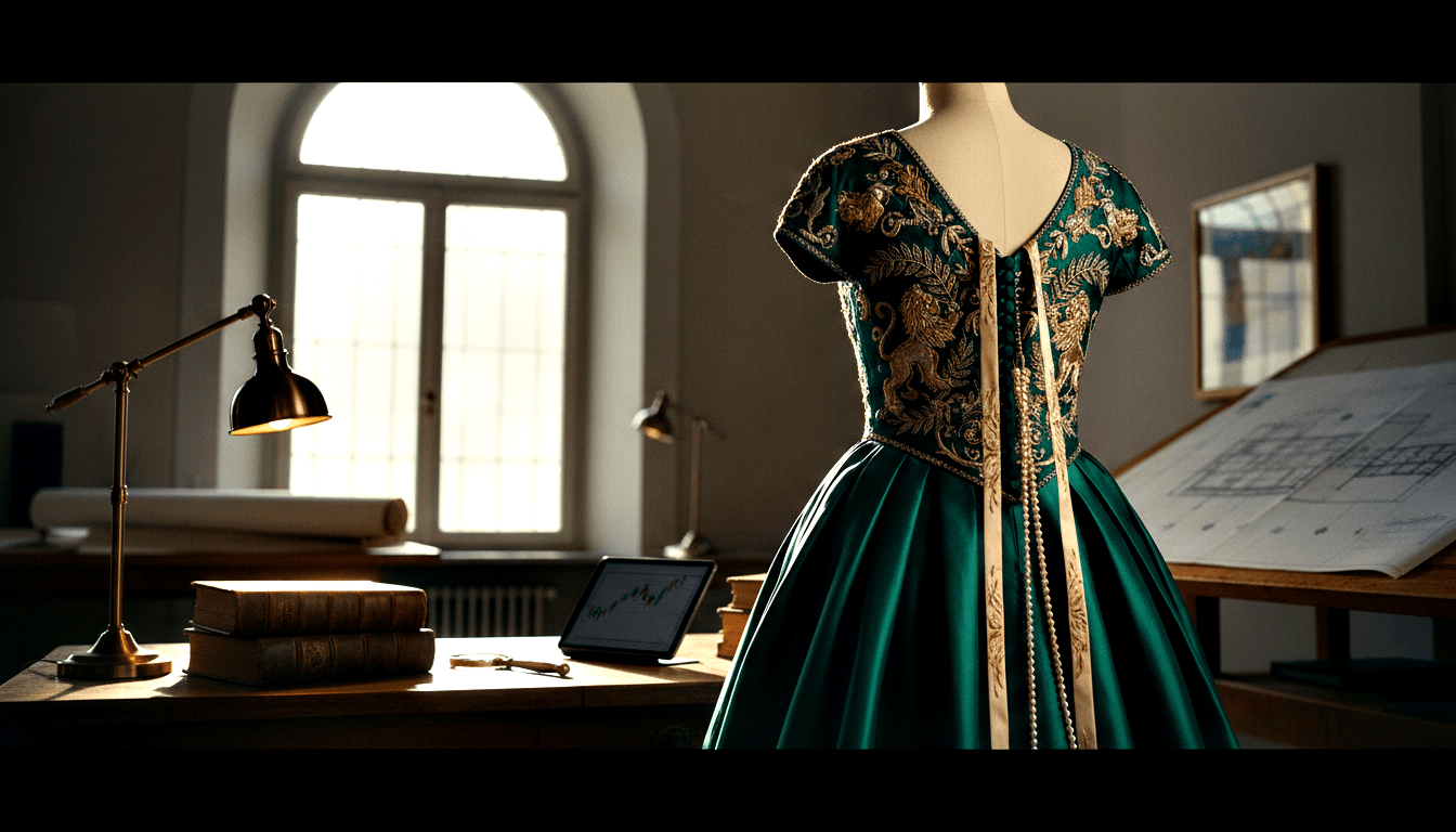 Mannequin in emerald satin gown with gold lion embroidery and pearl-trimmed pleated skirt, beside a wood desk with lamp, books, and tablet.