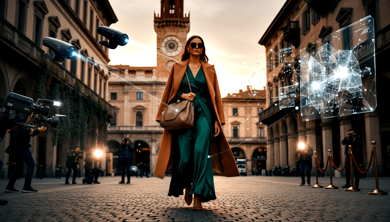 Woman in teal dress and tan coat walks cobblestone piazza flanked by colonnaded buildings, clock tower, paparazzi, drone, and holographic panel.