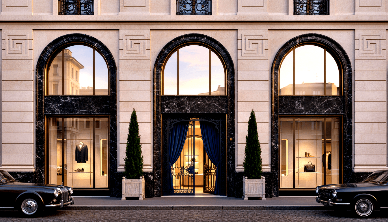CGI neoclassical boutique, cream stone, arched windows, wrought iron gates, navy curtains, mannequin and accessories displays.