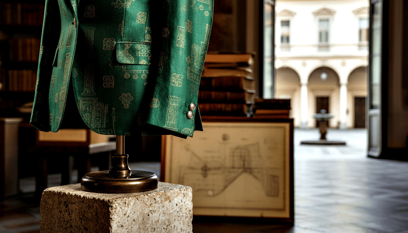 Emerald green blazer with gold architectural print on brass stand atop stone pedestal, bookshelves and classical courtyard behind.