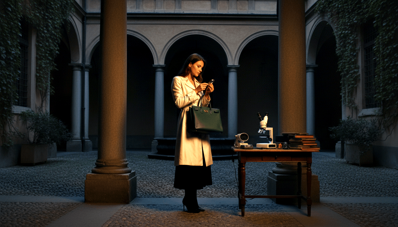 Woman in cream trench coat inspects green leather handbag with loupe in dim stone courtyard with arched colonnades.