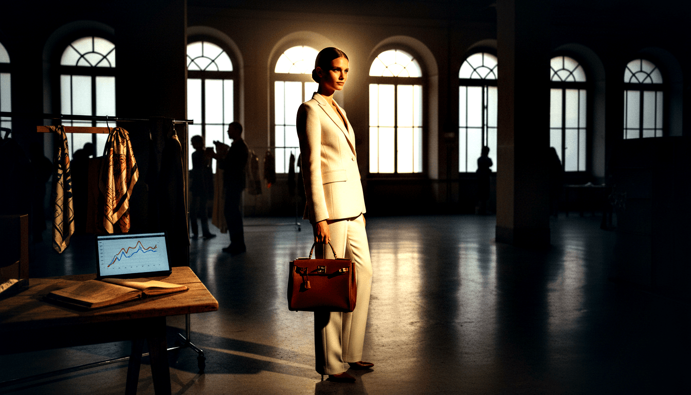 Woman in cream wide-leg suit holding a cognac leather handbag stands in a dark hall with tall arched windows and warm backlighting.