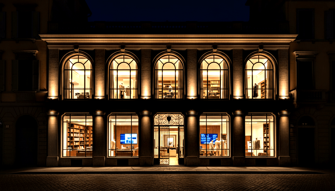 Neoclassical building at night, charcoal exterior, amber-lit columns, mannequins and bookshelves visible, ornate iron gate entrance.