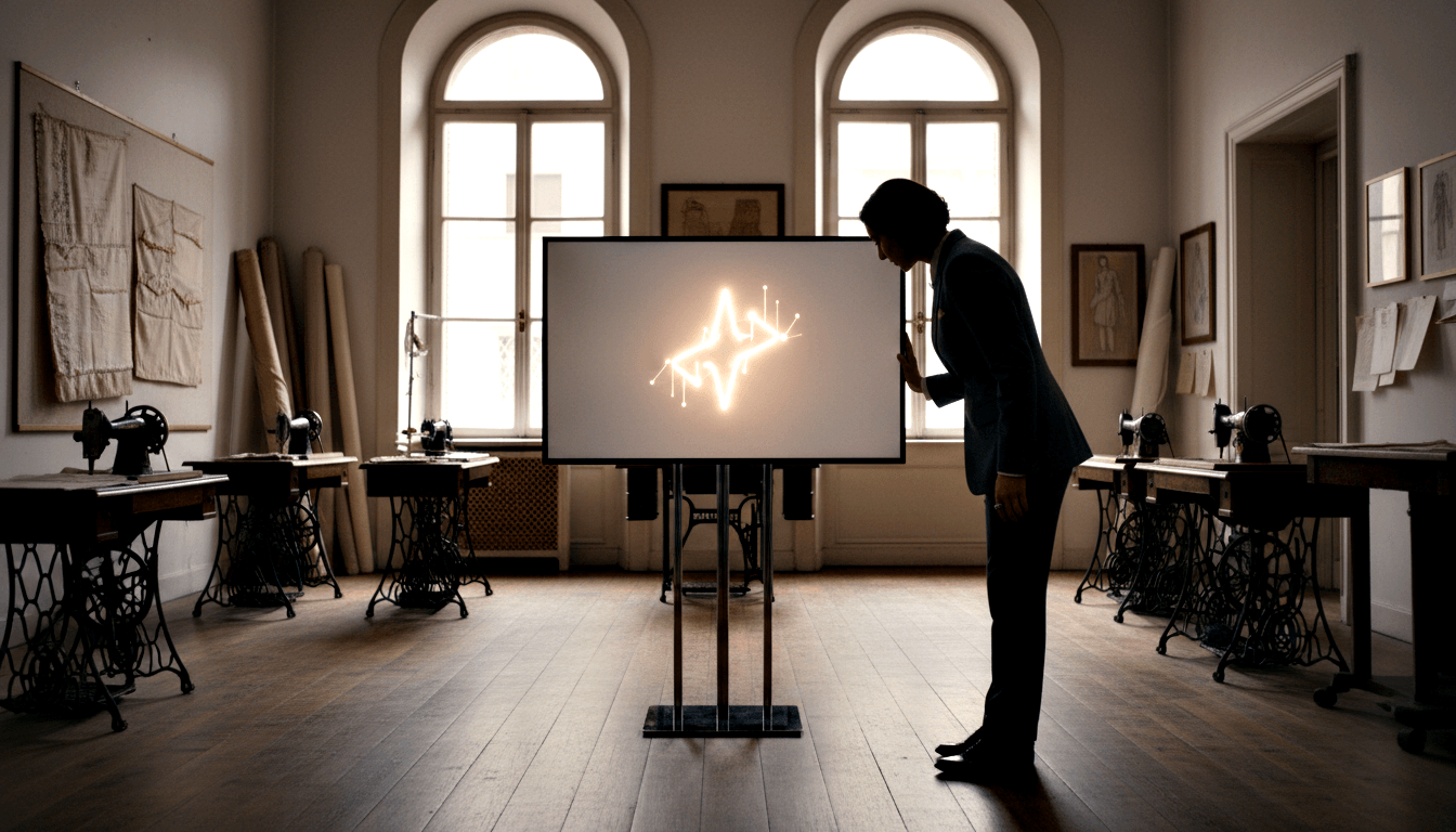 Dark-suited adult touches a large illuminated screen on a chrome stand showing a gold-white star geometric shape in a vintage tailoring workroom.